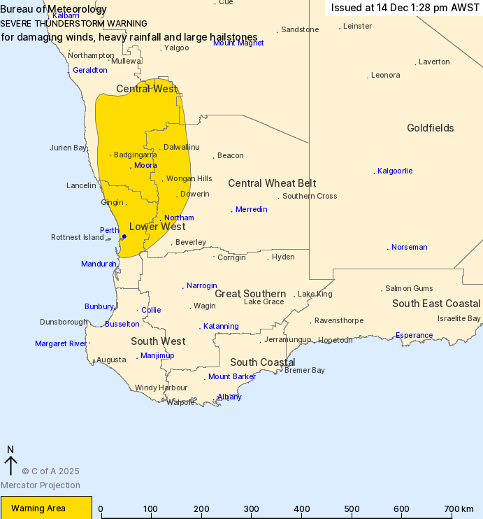 weather_wa's tweet photo. @coffeevanishere @baxlex @BunburyWeather @perthovalman @ManjitK6987 @paulmp @ImTheOnlyAstro @drstip @speedbird020 @MJG_1990 @Barnsy_Lisa @Sparrow_65 @2017Ferret Severe Thunderstorm Warning For Damaging Winds And Large Hailstones For The Lower West, Central West, #Wheatbelt, #Gascoyne And #GreatSouthern Districts Including #Dalwallinu, #Dowerin #Gingin, #Moora, #Northam And #Perth ⚠️ #PerthNews #PerthStorm #PerthWeather #WesternAustralia https://t.co/p2nOV5XLgn