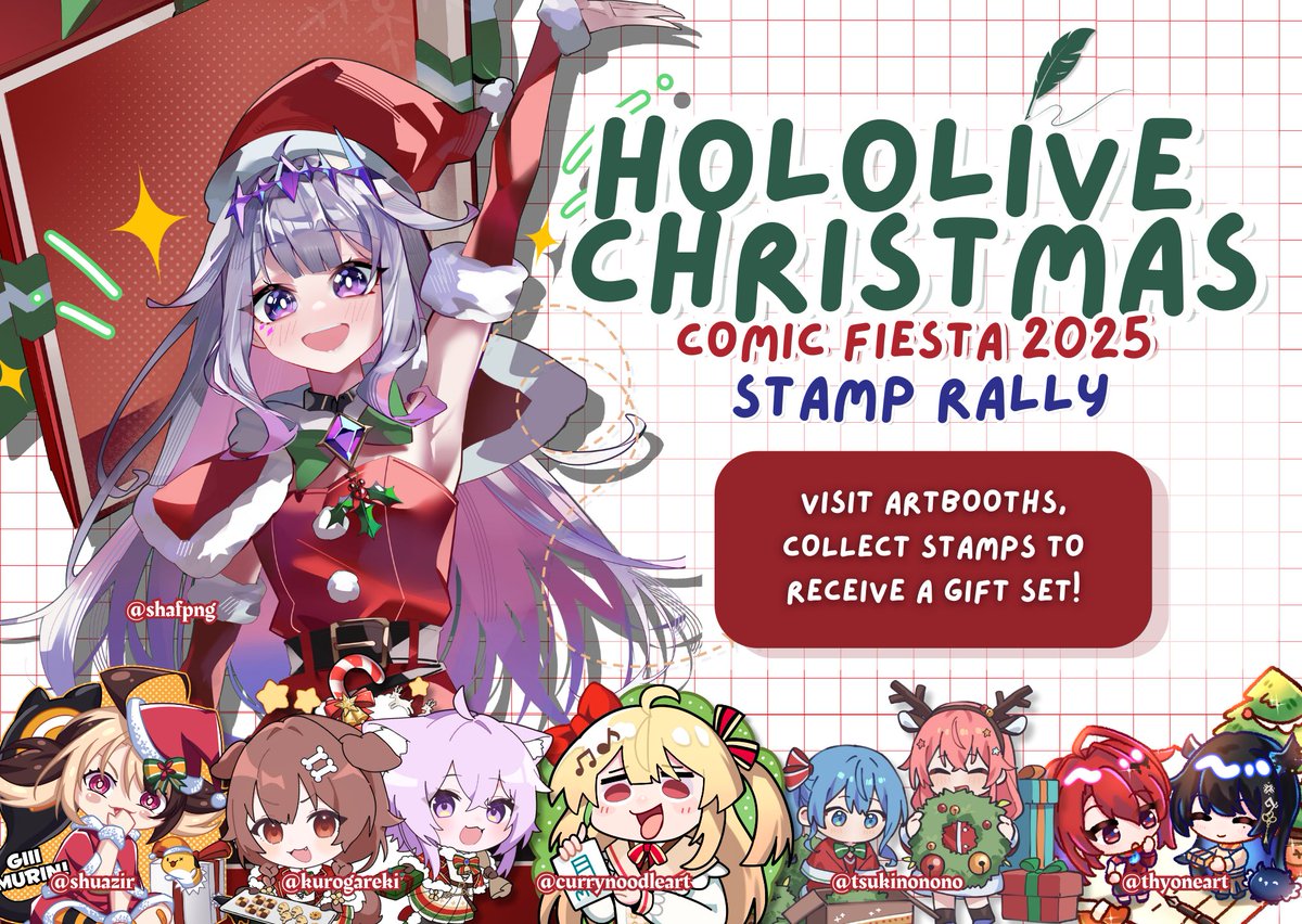 Thyoneart's tweet photo. 🎄Hololive Christmas Stamp Rally #comicfiesta2025 is back!🎄Complete the rally to redeem a gift set of your fav #hololive  girls! 💌
✨Shares✨

Artist lineup:
@tsuki_nonono (P-G13) 
@Cunomon (P-H11/12)
@Thyoneart (B-K22)
@shuazir (B-L32)
@shafpng (B-L32)
@kurogareki (B-M28) https://t.co/ircaqWcS2p