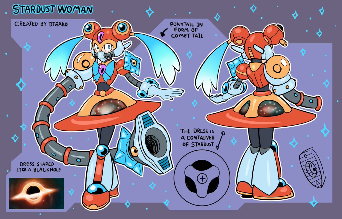 DtrakoDrakonien's tweet image. Robot Master Design: Stardust Woman

Originally designed to collect stardust samples in space, she was repurposed to pursue her dream of becoming a magical girl, fighting for peace and justice. 

Pen name: Dtrako
#MegaManDO #DesignARobotMaster