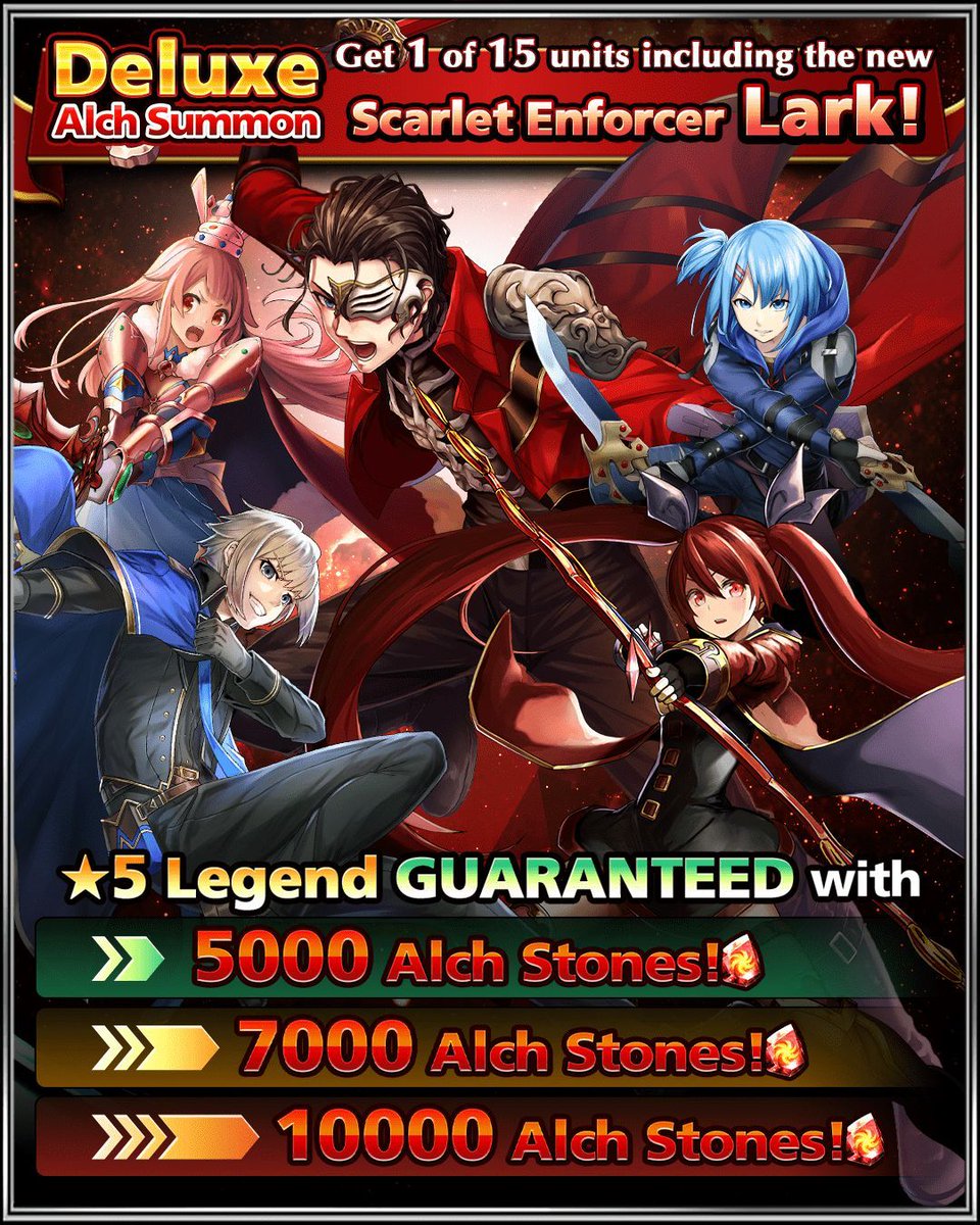 The Deluxe Alch Summon is back!✨ Get one of 15 powerful units, including  Scarlet Enforcer Lark! Summon period: until 12/25, 17:59 PST