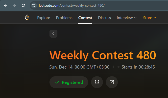 SouravPahwa9's tweet image. Good morning warriors ☀️⚔️

Ready for Weekly Contest 480💻🔥
Let’s crush it🚀

#LeetCode #buildinpublic #100DaysOfCode #DSA
