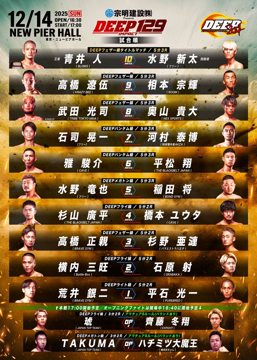 deepmma_ownd's tweet photo. 12.14ニューピア｜DEEP夜興行
DEEP 129 IMPACT

競技用具チェック時間
15:30〜16:15

※ 試合コスチュームを着用した状態で競技用具一式を持参の上、チェックブースまでお越しください。
※競技用具チェック終了時に試合用グローブを配布します。

#JMOC #DEEP https://t.co/0dExWv1hL4