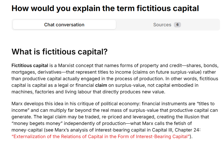 Paul_wsws's tweet photo. Asked Socialism AI What is fictitious capital. Received this very good response. https://t.co/YceQEsSiZ9