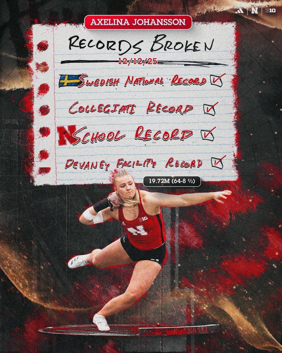 HuskerTFXC's tweet photo. COUNT 'EM UP. 🗣️

Axelina Johansson yesterday:

Swedish National Record ✅
Collegiate Record ✅
First All-Time in Husker History ✅
Bob Devaney Center Facility Record ✅

It's what she does. 🤷‍♀️ https://t.co/YVBx1wBot2