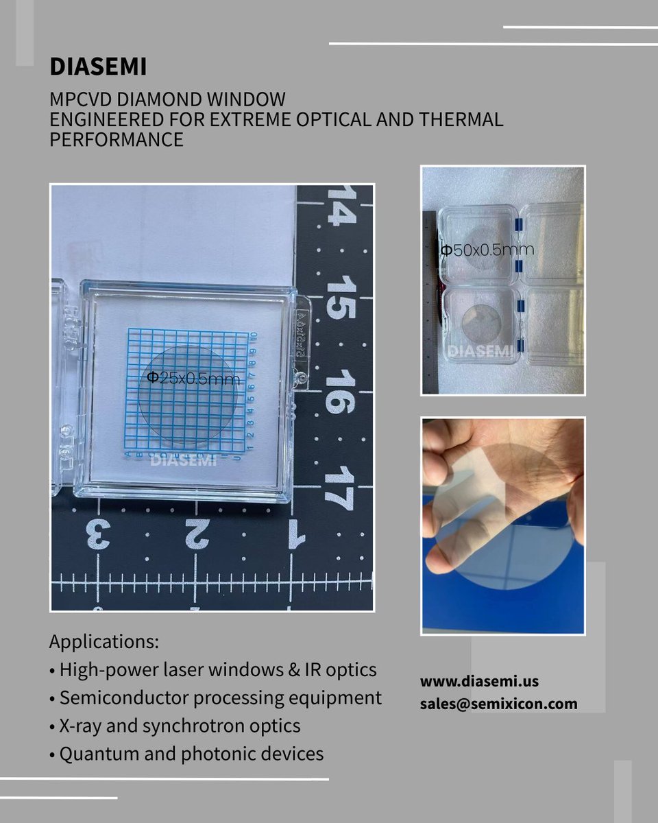DiamondSemi's tweet photo. DIASEMI: MPCVD Diamond Window, Extreme Optical & Thermal Performance sales@semixicon.com https://t.co/uA2KnsvD67 #DiamondWindow #OpticalMaterials #SemiconductorMaterials #LaserOptics #ThermalManagement #Photonics #HighPowerLaser #DiamondWafer #InfraredOptics #QuantumTechnology https://t.co/O9xzm16QUU