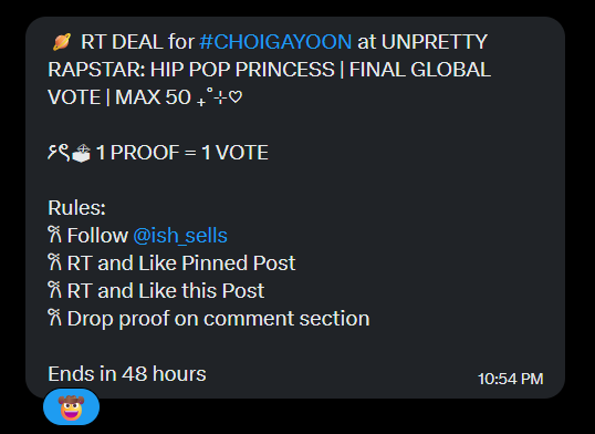 GayoonGlobal's tweet image. 🪐 RT DEAL for #CHOIGAYOON at UNPRETTY RAPSTAR: HIP POP PRINCESS | FINAL GLOBAL VOTE | MAX 50 ₊˚⊹♡

۶ৎ🗳 1 PROOF = 1 VOTE

Rules:
𐙚 Follow @ish_sells
𐙚 RT and Like ish_sells' Pinned Post
𐙚 RT and Like this Post
𐙚 Drop proof on comment section

Ends in 48 hours ⏲️