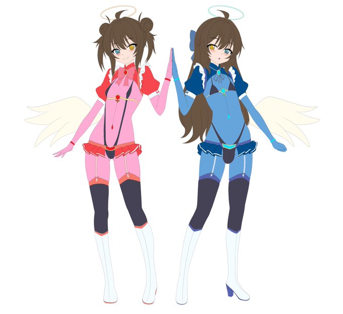 ぴっちり魔法天使ちゃんの下描きです! 双子の魔法天使たちです ピンクの方が姉 青い方が弟(男の娘) 完成絵は衣装とか配色とか変わるかも