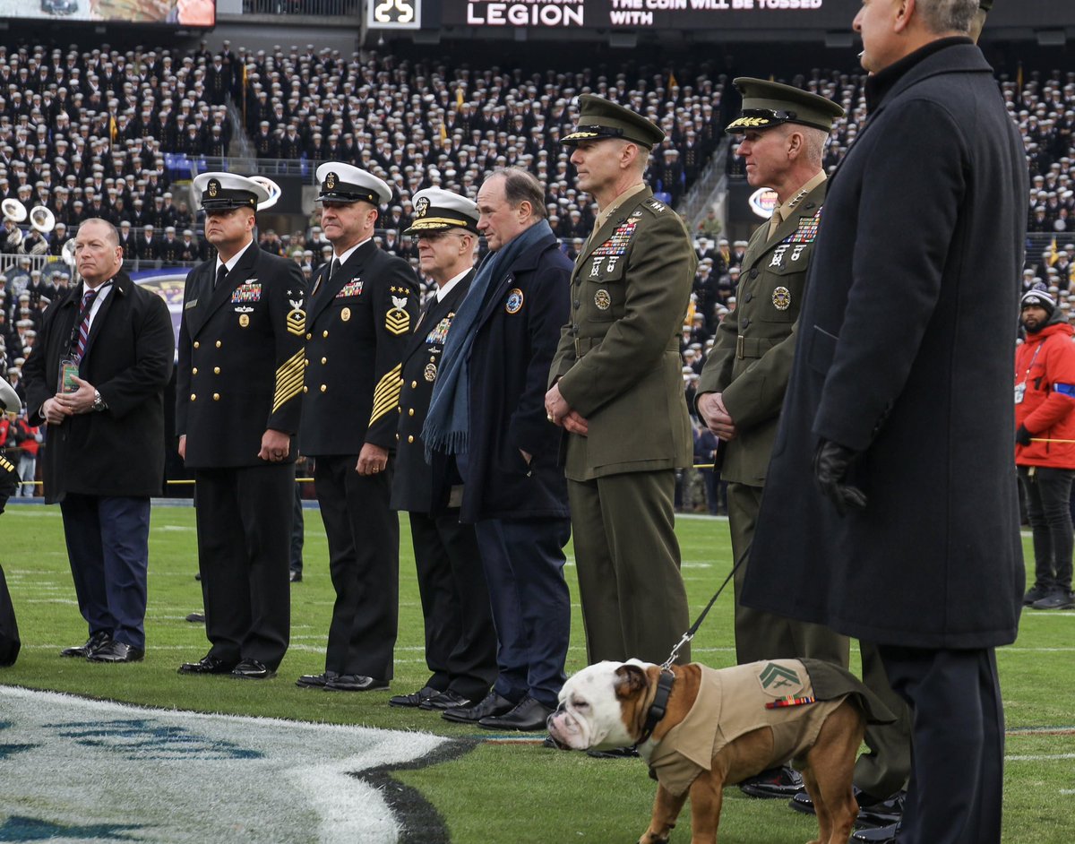 SECNAV's tweet image. .@NavyFB victory at Army-Navy football game! @USNavyCNO, @CMC_MarineCorps, @usnacommandant, and @NavyMCPON— leaders driving readiness, sharpening the force, and developing the next generation of Sailors and Marines.
