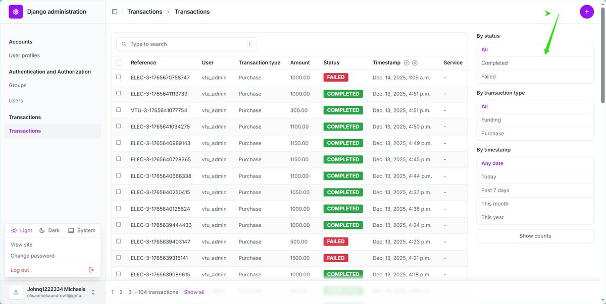 Drewfx01's tweet image. Yay. Can’t believe it’s 30 days already 🥳🎉
30 days of learning Django consistently. 

Building a VTU app. 90% prod ready. 

I added an automatic (corn job + webhook) and manual transaction status update on the admin + table. To make sure pending transactions are resolved fast.
