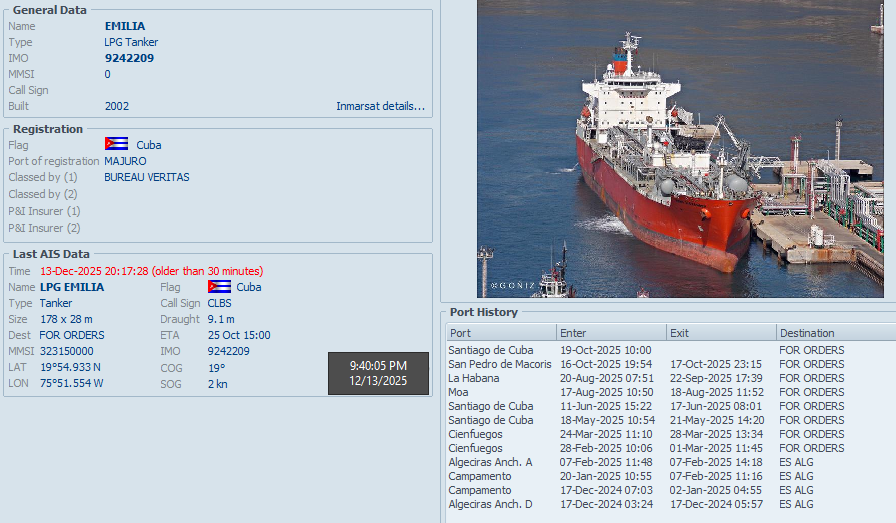 FlconEYES's tweet photo. LPG EMILIA 9242209
Tanquero (LPG) Gas Propano Líquido, de la tiranía de #Cuba, controlado por el @PartidoPCC
Entrando a esta hora a la bahía de #SantiagodeCuba para entregar desde #Cienfuegos.
#Now #Cuba #AIS #cubarcos #13Dec https://t.co/TKSOubaAUn