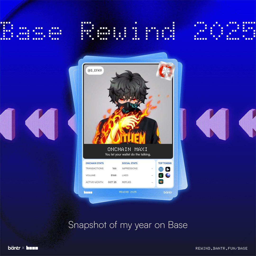 Just checked my Base Rewind 2025 by @bantr_fun!
It’s a full recap of my year on @Base.

If you want to see your own onchain + social stats from 2025, go to: rewind.bantr.fun/base