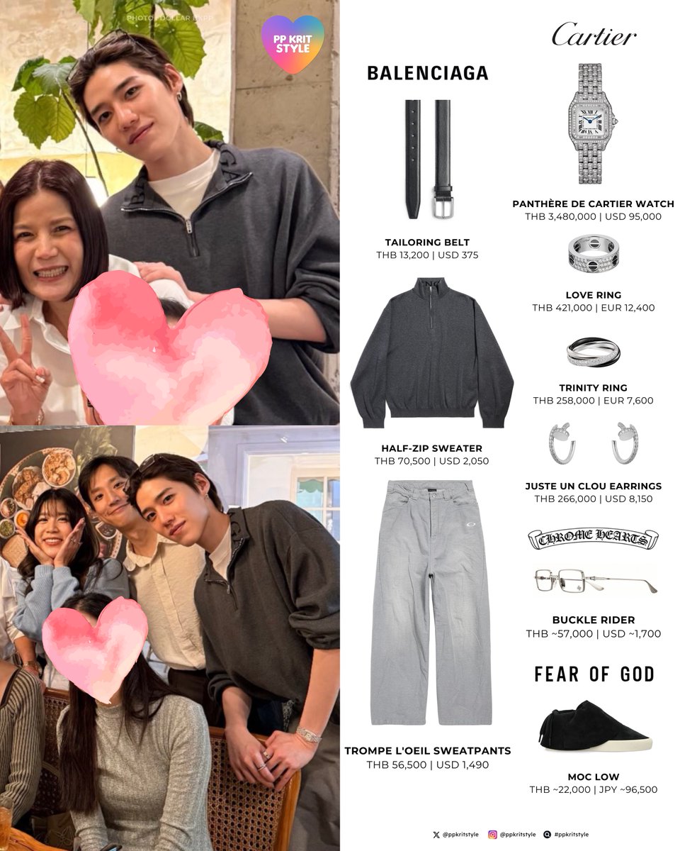 ppkritstyle's tweet image. 〰️ @ppkritt 251213 💍🤍

#Balenciaga Tailoring Belt, Half-Zip Sweater, Trompe L’Oeil Sweatpants
#Cartier Panthère de Cartier Watch, Love Ring, Trinity Ring, Juste un Clou Earrings
#ChromeHearts Buckle Rider
#FearOfGod Moc Low

#PPKritt #ppkritstyle
#พีพีใส่แบรนด์อะไร