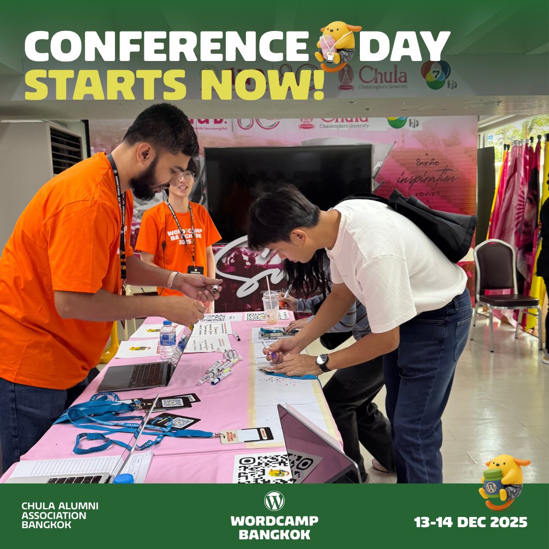 เริ่มแล้ว สำหรับงาน WordCamp Bangkok 2025 หากใครเดินทางมาถึงสมาคมศิษย์เก่าจุฬาฯ แล้ว สามารถมาลงทะเบียนได้ด้านหน้าได้เลยฮับบบ

WordCamp Bangkok 2025: Conference Day starts now! You can register at the front desk in Chula Alumni Association!

#WCBKK #WordCamp #WordPress