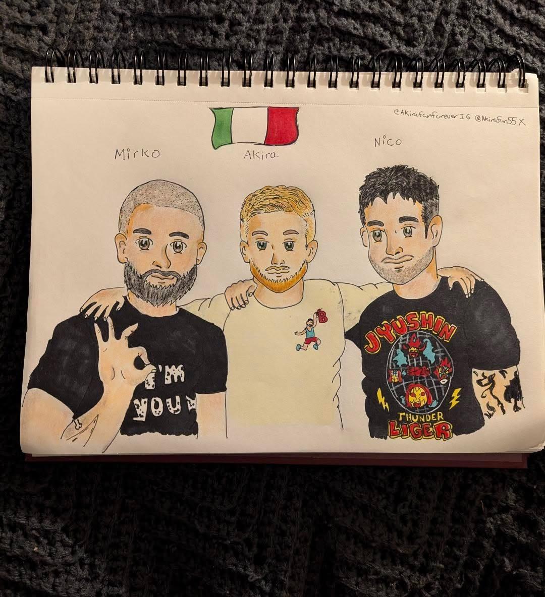 Here's some fanart I created for <a href="/francescoakira/">AKIRA (フランシスコ・アキラ)</a> with his buddies whom are fellow Italians <a href="/Nico_Inverardi/">Nico Inverardi BBB ニコ・インベラルディ</a> &amp; <a href="/MirkoMoriUV/">Mirko Mori BBBミルコ･モーリ</a> as well. 
I would love to see these 3 Italians form a stable.
It would be awesome. 
I would love see them as trios champions 
🇮🇹