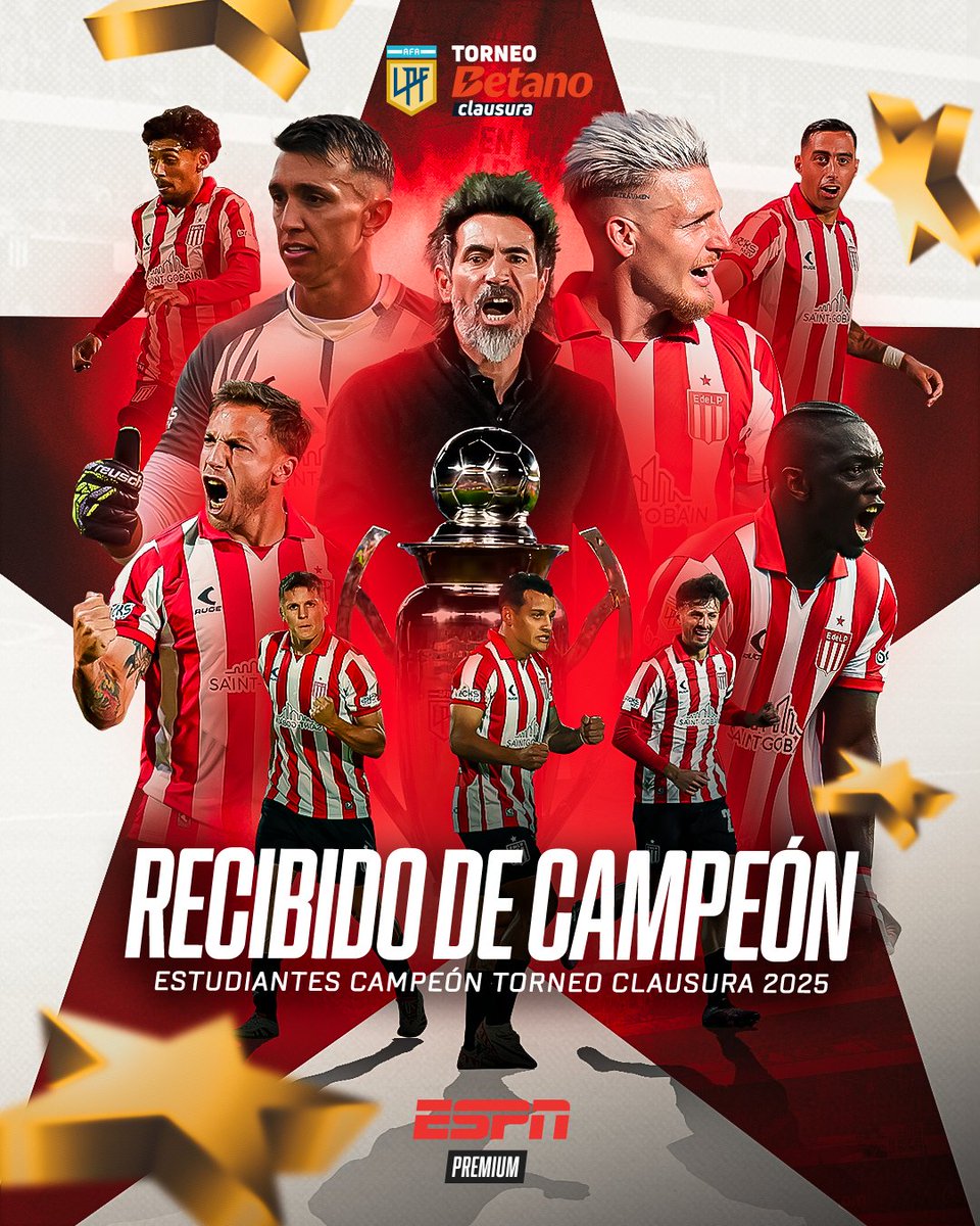ESPNArgentina's tweet image. 🏆 ¡ESTUDIANTES CAMPEÓN DEL FÚTBOL ARGENTINO! 🔴⚪

🔥 El conjunto dirigido por Eduardo Domínguez sigue haciendo HISTORIA y es el NUEVO CAMPEÓN del #TorneoClausura 2025, sumando el CUARTO TÍTULO desde la llegada del DT al club.

🏆 Copa Argentina 2023
🏆 Copa de la Liga 2024
🏆…
