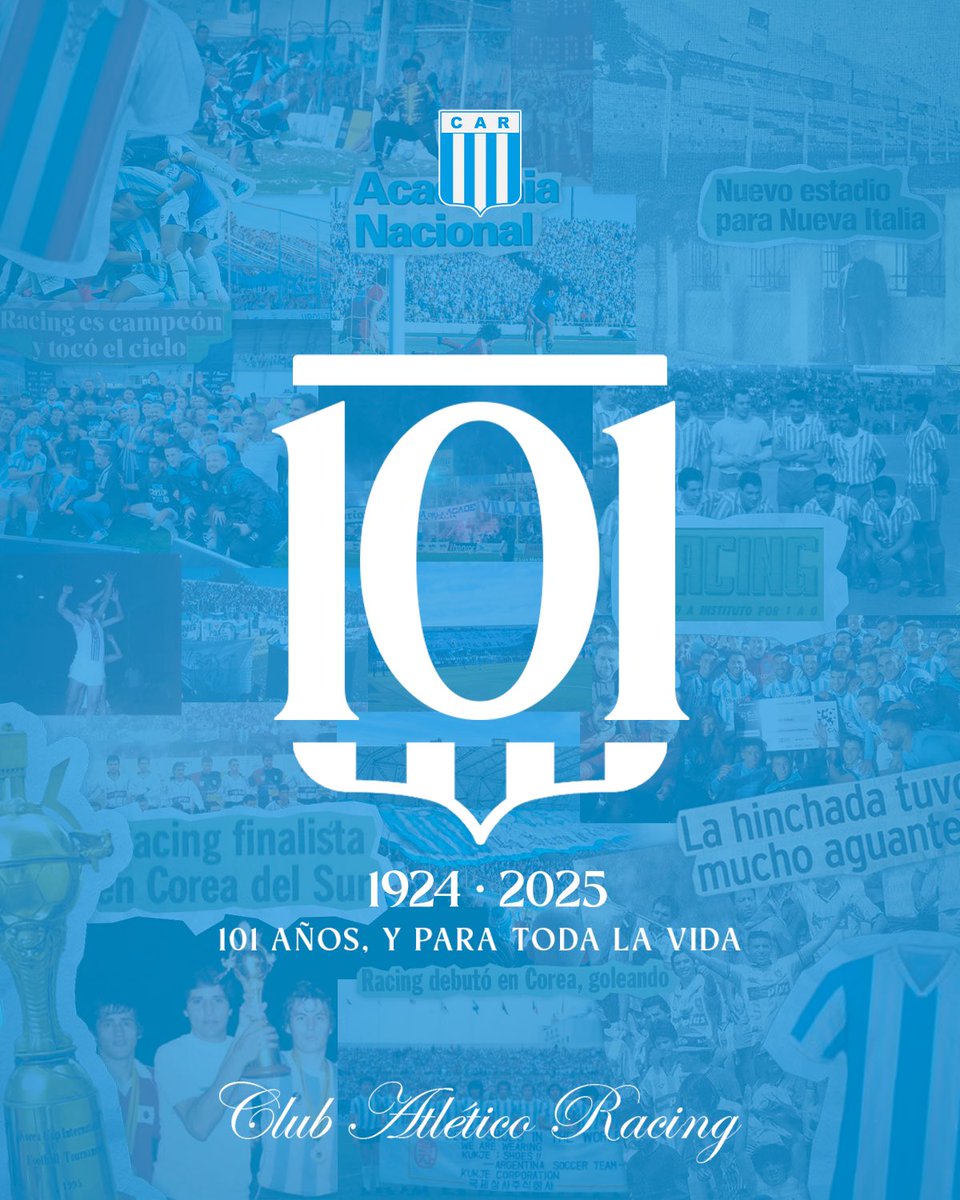 🩵🤍 ¡¡FELICES 101 AÑOS RACING QUERIDO!!

• 1924 | 2025 •

#101Años y para toda la vida…