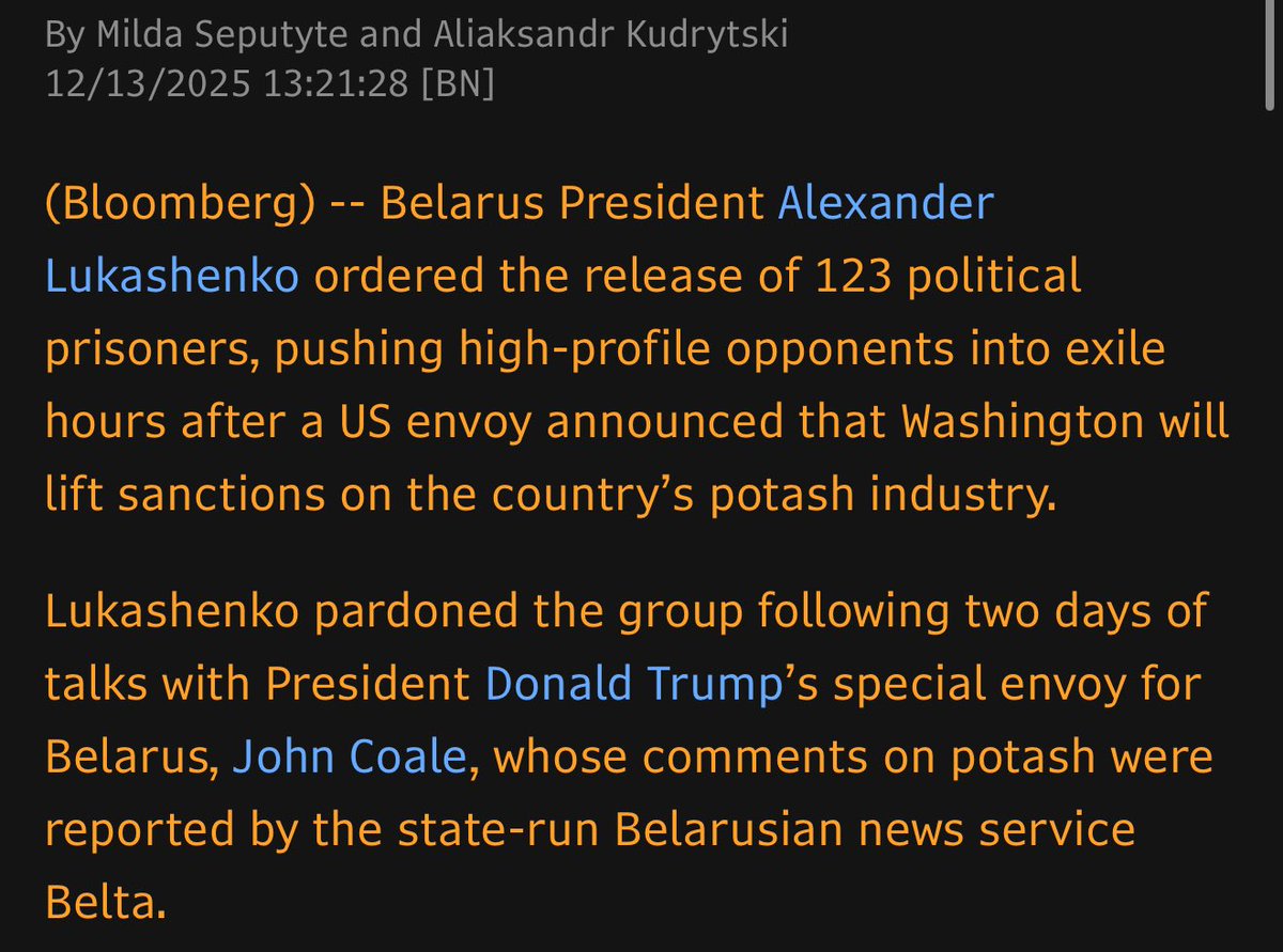 Belarus President Alexander Lukashenko ordered the release of 123 political prisoners, pushing high-profile opponents into exile hours after a US envoy announced that Washington will lift sanctions on the country’s potash industry.  How many hostages has <a href="/realDonaldTrump/">Donald J. Trump</a> freed?