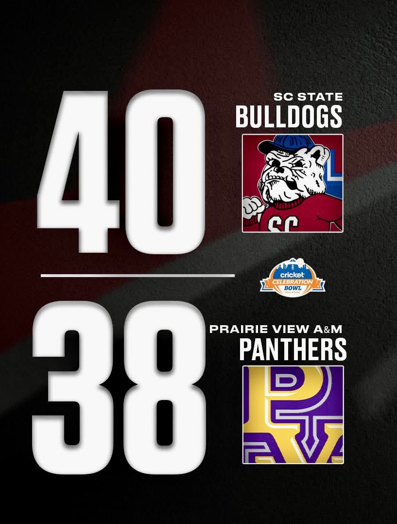 blackcollegenc's tweet photo. 🏈 🏈 🏈
The BCNC #2 (FCS) South Carolina State Bulldogs defeated BCNC #4 Prairie View Panthers, 40 -38 today in the Cricket Celebration Bowl!
With the win, the Bulldogs capture the 2025 Cricket Celebration Bowl Championship!
#scsubulldogs #pvamupanthers #celebrationbowl https://t.co/m7icEdVUFF