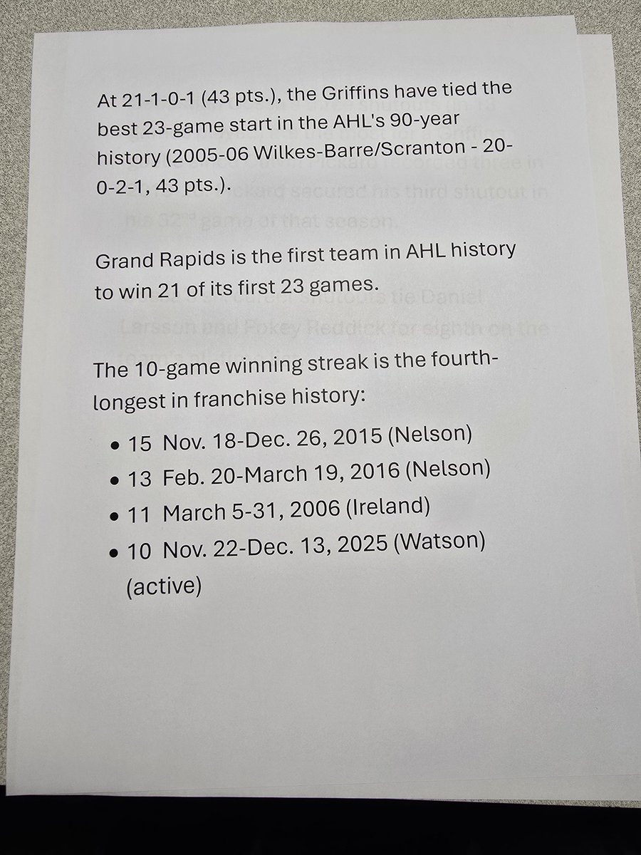 imaraindancer's tweet photo. One of my favorite things about covering the Grand Rapids Griffins is getting these super fun stat related sheets whenever something cool happens. 

In this case, it's a lot of super cool history facts about the 21-1-0-1 Griffins. 

#gogrg #lgrw @GracedByRainPod @TheAHL https://t.co/44zoawTg75