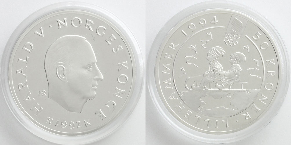 🇳🇴ノルウェー 1992年 50クローネ銀貨 雪そり🛷》 ⛷️1994年