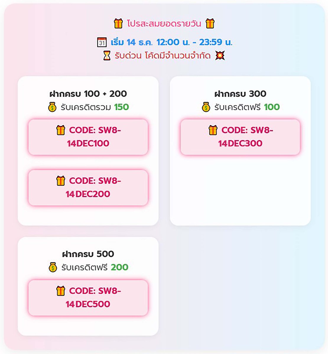SAWAAN8216's tweet photo. เที่ยงนี้มีแจก! โค้ดกล้วยฟรีมาเสิร์ฟแล้ว 🍌
✨ 14 ธ.ค. (12.00 - 23.59 น.)

😎 จัดโปรเด็ดมัดใจสายทุนน้อย 
‼️ฝาก 35 รับ 100
💲ทำยอด 600 ถอนได้เลย 300 คุ้มจัด!

🤑คืนยอดเสีย 20%
📱กรอกโค้ดเลย!! 👉 https://t.co/TznikKgum1

#แจกโค้ด #เครดิตฟรี #SAWAN888 #โปรโมชั่น #สล็อตเว็บตรง https://t.co/KtABsrzkHu