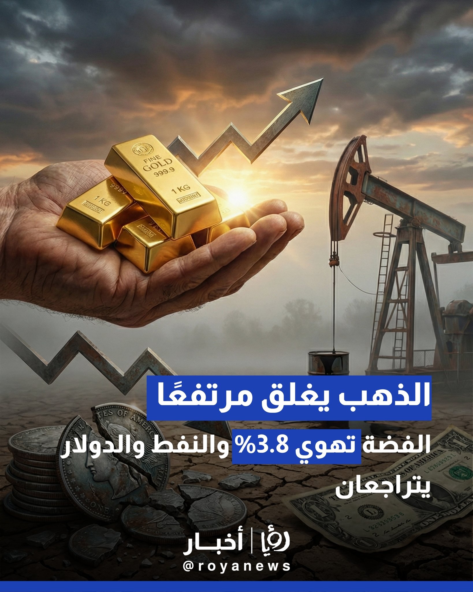 الذهب يخالف الاتجاه ويغلق مرتفعًا.. الفضة تهوي 3.8% والنفط والدولار يتراجعان 