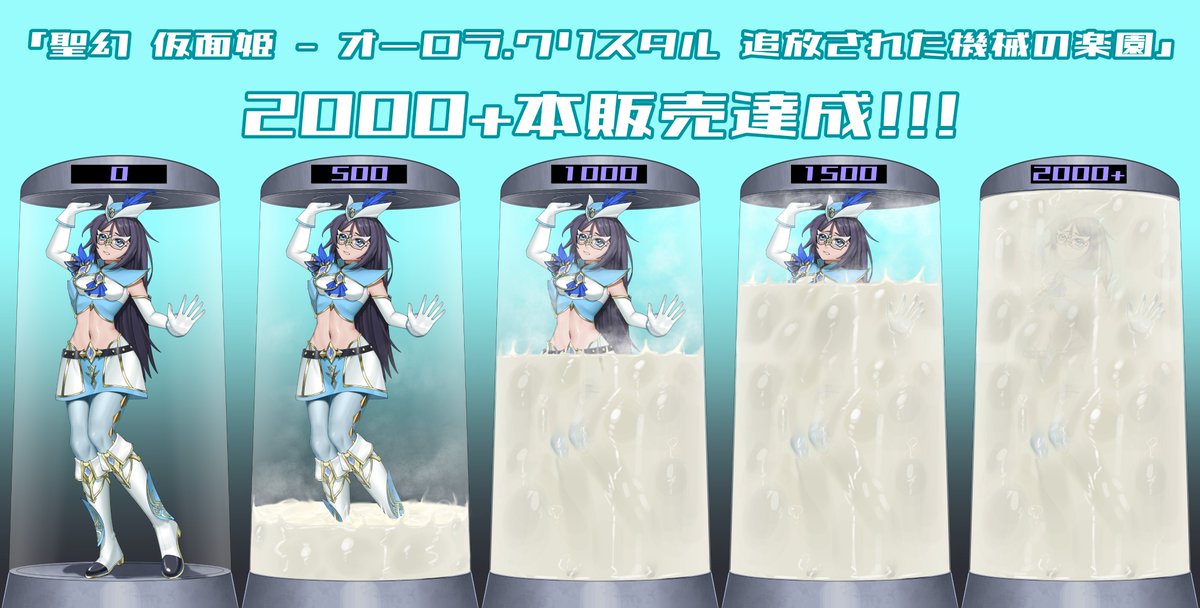 「聖幻仮面姫」2000+本販売数達成！

皆様こんにちは、「聖幻仮面姫-オーロラ・クリスタル 追放された機械の楽園」の発売から1週間が経ち、現在の販売部数は2000部を突破しました。これは私たちサークルにとって大きな成功であり、皆様の継続的なご支援に心から感謝申し上げます。