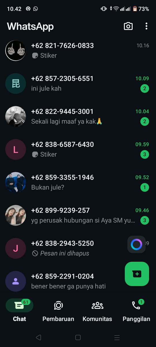 nissanisanov's tweet image. Tolong ya yang pada nyerang gw itu salah orang plis perkara nomor gw beda 1 angka doang sama nomor Jule (08xx-8000-4125)
Ini udah lebih dari 50 nomor gw block TOLONG STOP SPAM!!
Salah satu contoh chat dan beberapa nomor yg spam ke gw

STOP SPAM!!!!