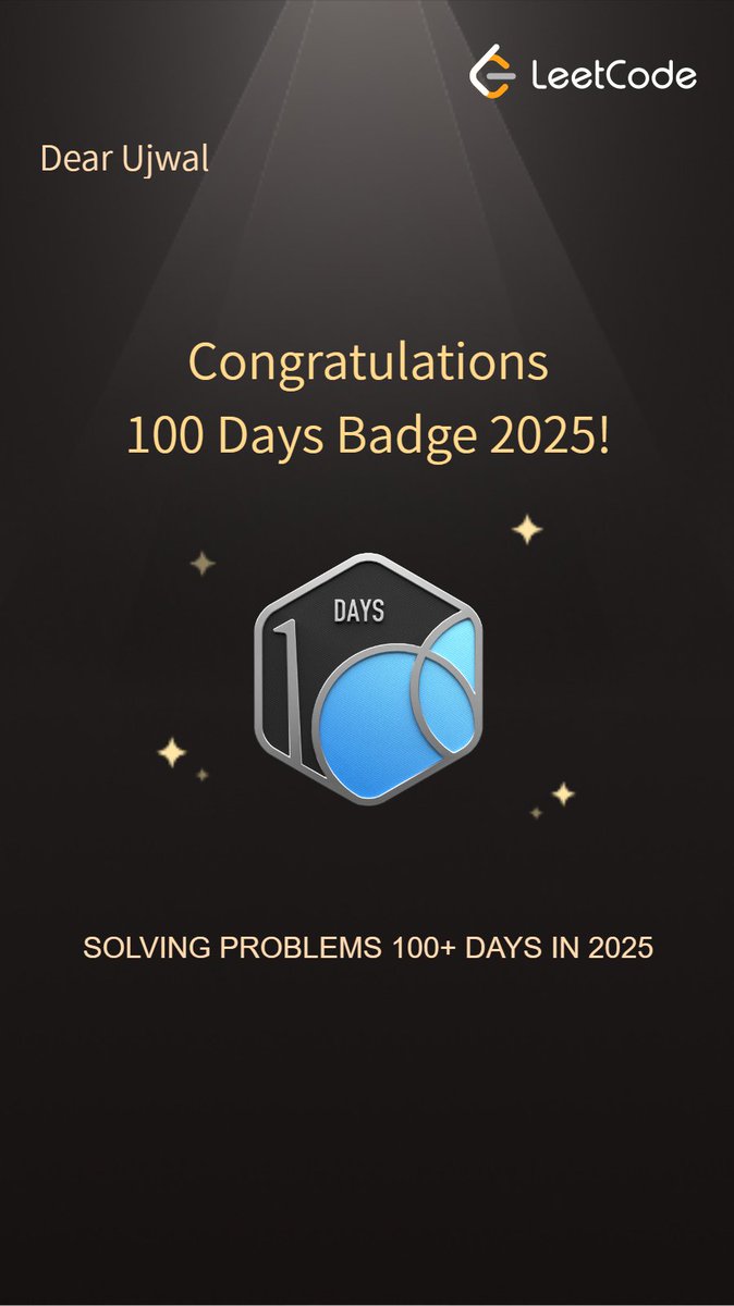0xUjwal's tweet image. LeetCode Update 😌✅

Started as a challenge, turned into a habit, now it’s something I genuinely enjoy
3-4 months of consistent problem-solving
#100DaysOfLeetCode