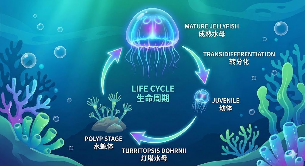刷影片刷到一種神奇的生物,燈塔水母。一種理論上可以永生的生物。而且永生的方式很有意思。在達到一定條件下,可以從成熟體慢慢退化成水螅體,也就是常說的返老還童,然後又可以從水螅體再慢慢變成成熟體,循環往復。就像小蝌蚪變成了青蛙,然後又可以從青蛙