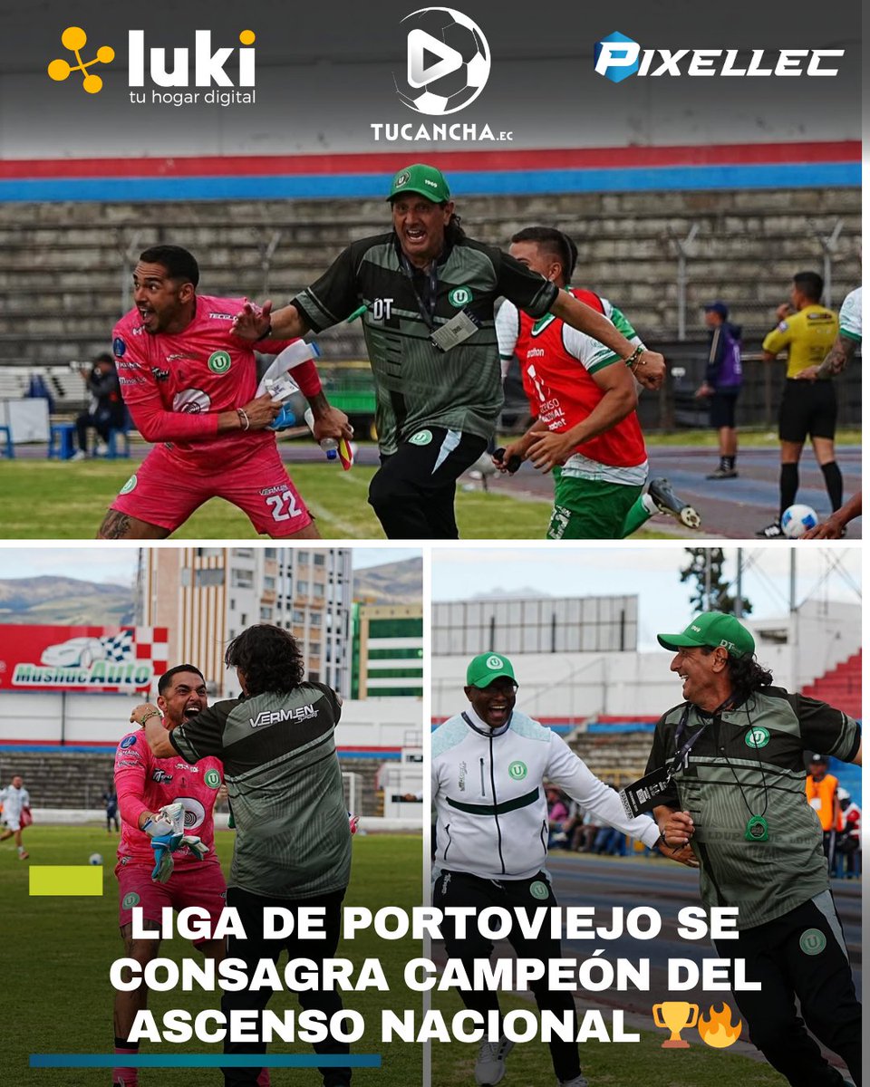 🏆🔥 Liga de Portoviejo escribió su historia: venció 1-0 a Cuenca Juniors en la final del Ascenso Nacional y levantó el título.
El gol llegó gracias a Andrews Delgado, que desató la locura manabita.
Es el primer campeonato del Ascenso Nacional para La Capira.