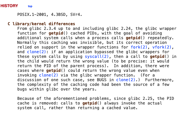 popovicu94's tweet image. While researching the getpid() syscall for my daily series, I ran into an interesting piece of history.

This goes back directly to the discussion from yesterday: should the OS offer a raw syscall interface or offer libc as the only contract?

Here's what can go wrong!