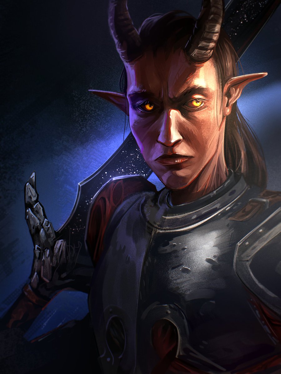 Fejt_El's tweet photo. #tiefling Takaiama. 
Paladin/warlock hexblade. For the sake of saving the world, he is ready to sacrifice any number of people... even himself using the cursed artifacts such as greatsword Blackrazor and Living Armor which devour him alive.  

#art #dnd https://t.co/sB9cJRoT6X