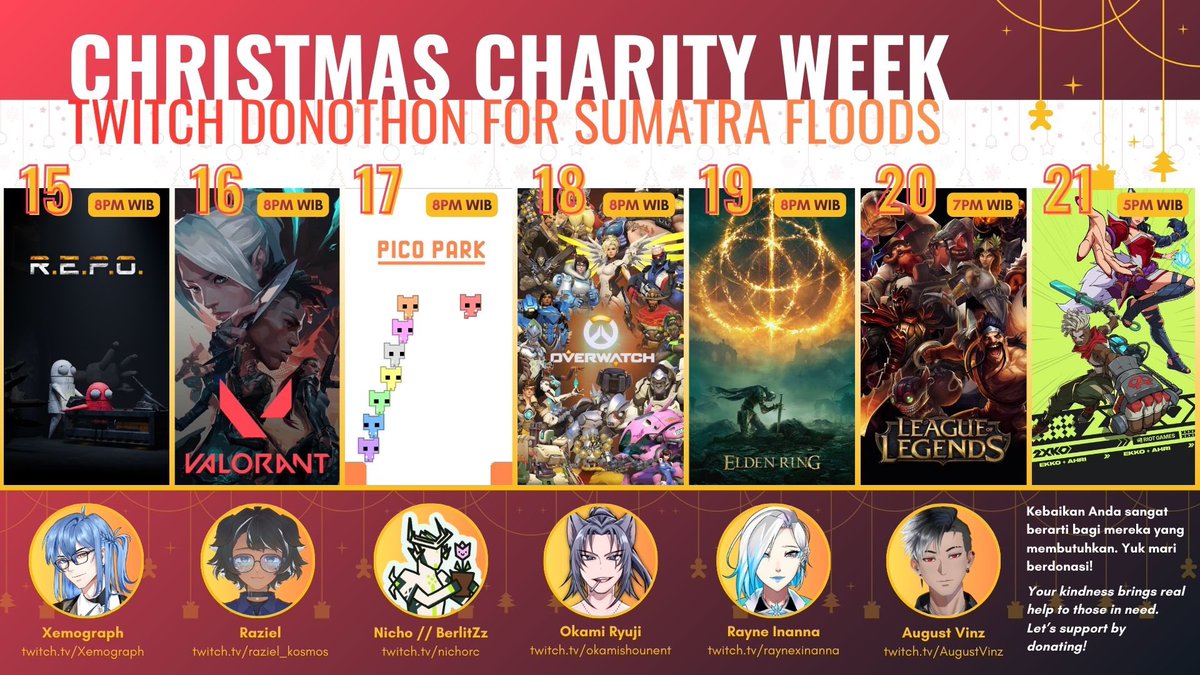 raynexinanna's tweet photo. 🎄 CHRISTMAS CHARITY DONOTHON
🗓️ 15 - 21 Dec,

Hai #VTuberID! Kami akan mengadakan acara donothon selama satu minggu untuk memberi dukungan bantuan bencana di Sumatra.

Saatnya kita buktikan kalau kita juga bisa bergerak 🫵

Simak info lengkapnya di bawah (+ EN ver. below) 🧵 https://t.co/LvE73ijtCJ