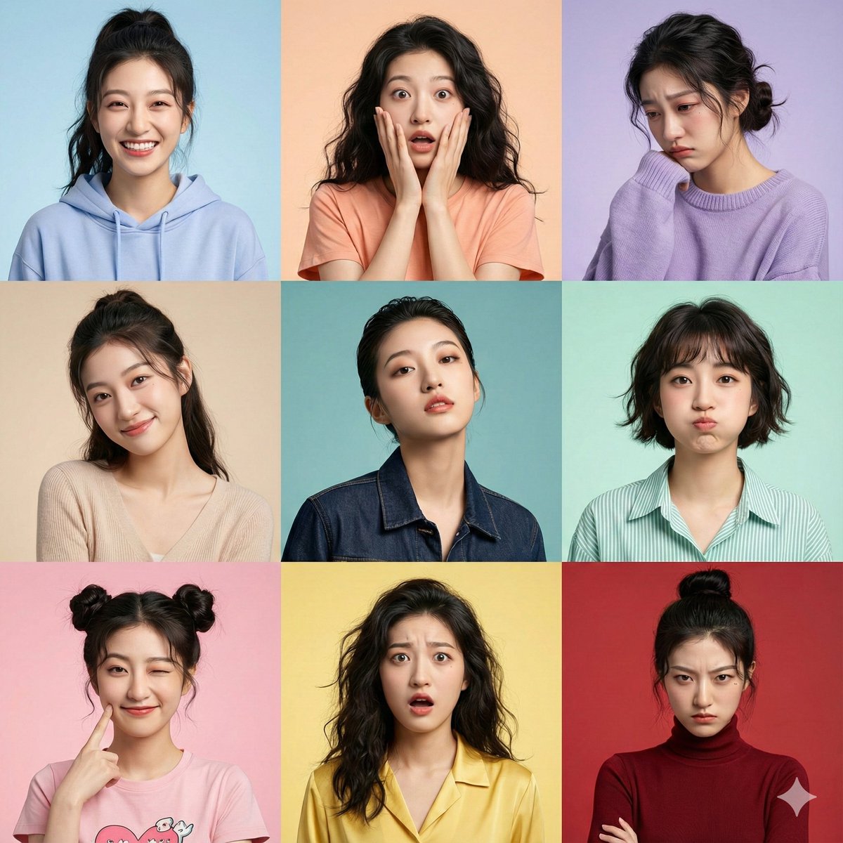 Nine Faces, One Identity: A Captivating 3x3 Expression Grid