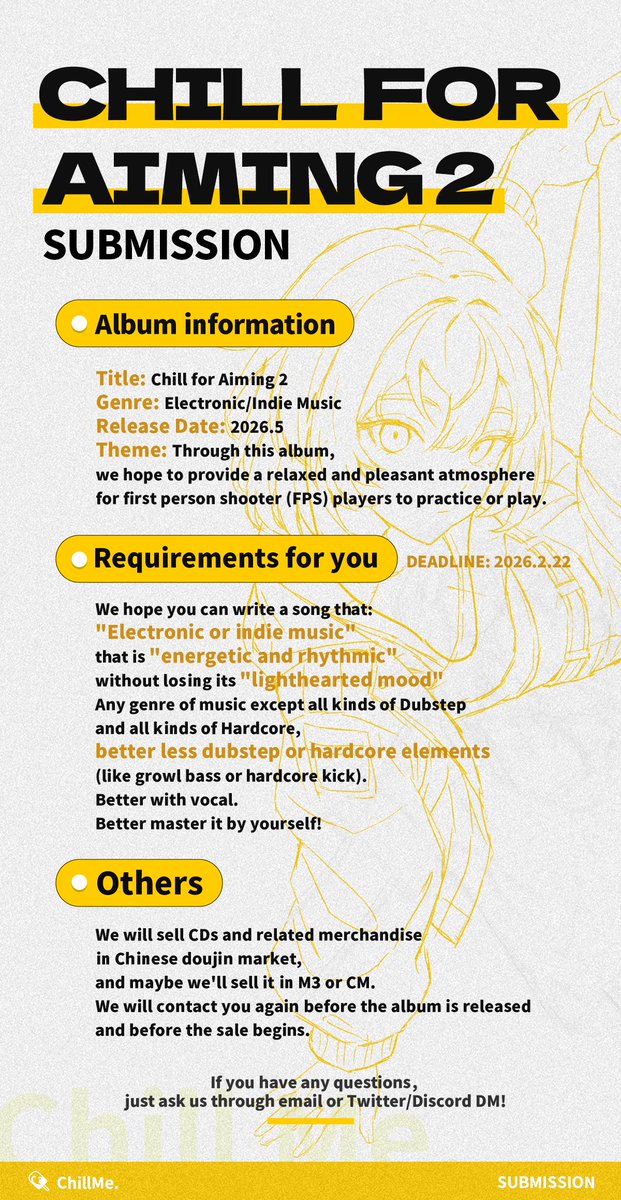 Open Submission

「Chill For Aiming 2」

 締切は2026年2月22日
The deadline is 2026.2.22

ご投稿を真摯にお待ちしております。
Sincerely waiting for your submission.

demo→NatsuKagura@outlook.com
reference→open.spotify.com/playlist/4978H…