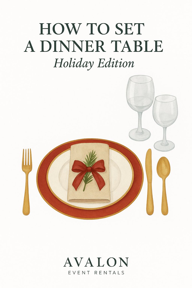 Holiday hosting made easy

A simple guide to setting a beautiful holiday table, starting with the right rentals from @avalonrents 
Here are a few items we have to help elevate your table setting!
-Gold Cultery
-Gold Trim Plateware
-Riedel Wine Glasses
-Red Charger Plates