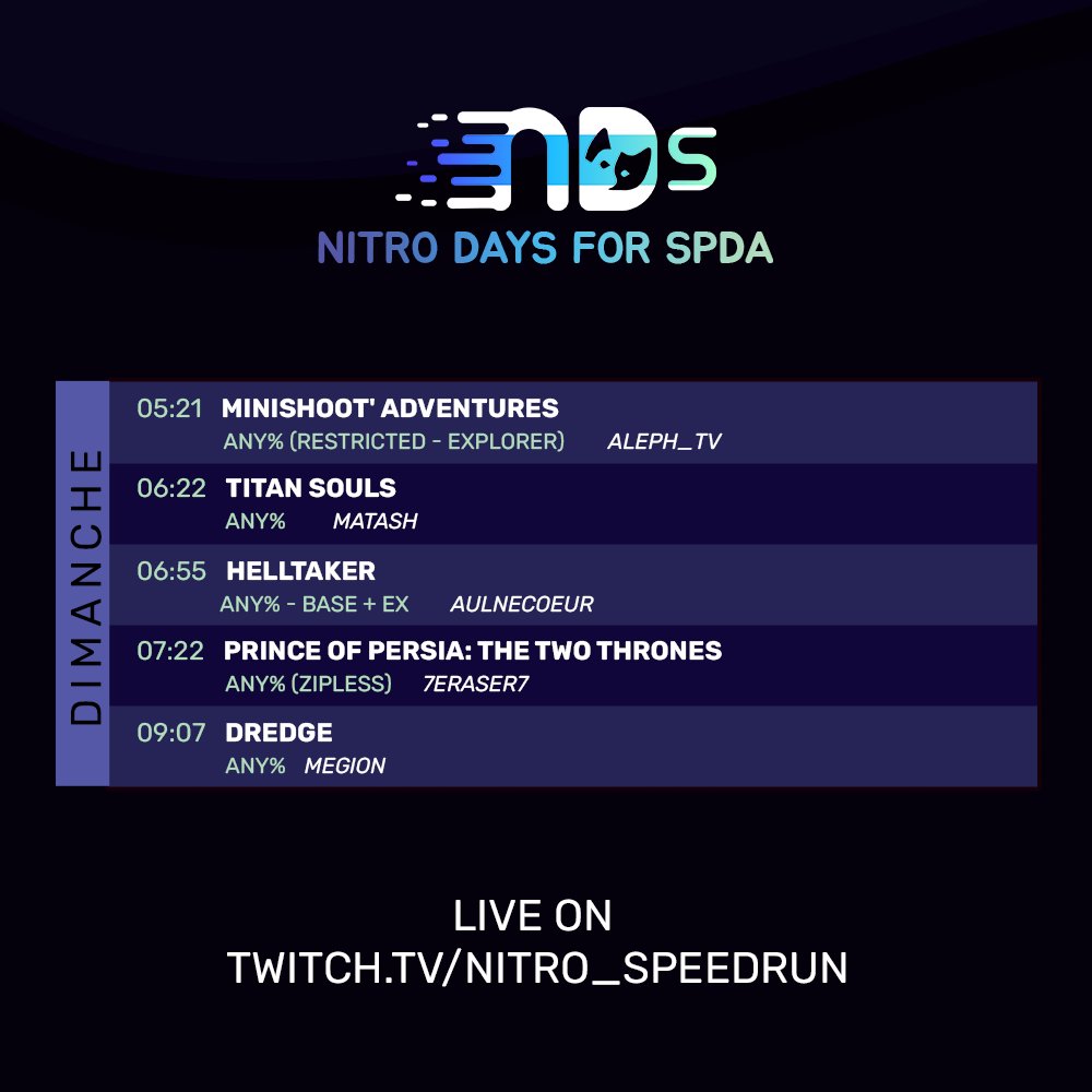 C'est la suite de la nuit dans les Nitro Days for SPDA !

Du classique Prince of Persia et des jeux assez méconnus pour vous emmener tranquillement vers une belle matinée du dimanche ! 🌅

🔗 Notre chaine twitch dans la bio !
