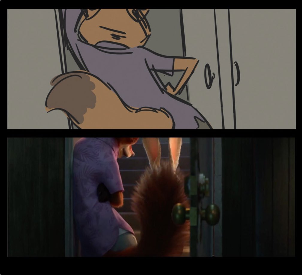 스토리보드 상으로 초기에는 몸으로 주디의 시야를 막는 거엿는데 서로 아이디어 내시는 과정에서 꼬리로 막는 걸로 바뀐거엿구나🤭