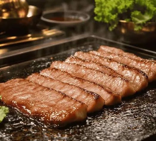 Here is a picture of sizzling samgyeopsal (삼겹살), Korean pork belly, to ratio you