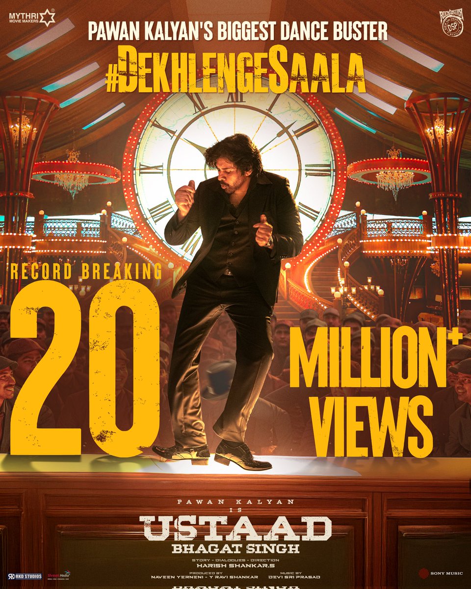 UBSTheFilm's tweet photo. Setting the dance floor and records on fire 🔥🔥

RECORD BREAKING 20 MILLION+ VIEWS and counting for #DekhlengeSaala ❤‍🔥

▶️ https://t.co/LMOs7s9jRS

Cult Captain @harish2you's Feast 💥
A Rockstar @ThisisDsp Musical ❤️‍🔥
Sung by @vishaldadlani, @HariPriyaSinger 
Lyrics @bhaskarabhatla

#UstaadBhagatSingh 
#UBSFirstSingle 🕺🏻🔥

#UstaadBhagatSingh 
POWER STAR @PawanKalyan @harish2you @sreeleela14 #RaashiiKhanna @ThisIsDSP @rparthiepan @DoP_Bose #AnandSai @Venupro @MythriOfficial @SonyMusicSouth @UBSthefilm