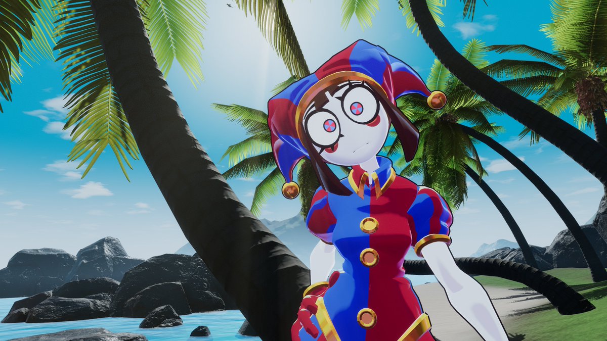 JeanDNim's tweet photo. Beach episode for 2nd day of the countdown! And it happens to also match up with the new digital circus episode releasing lol. Need to thank @KohTonne for an incredible job on adapting @dotflare3's Pomni model 💜 https://t.co/cTRMt1mn60