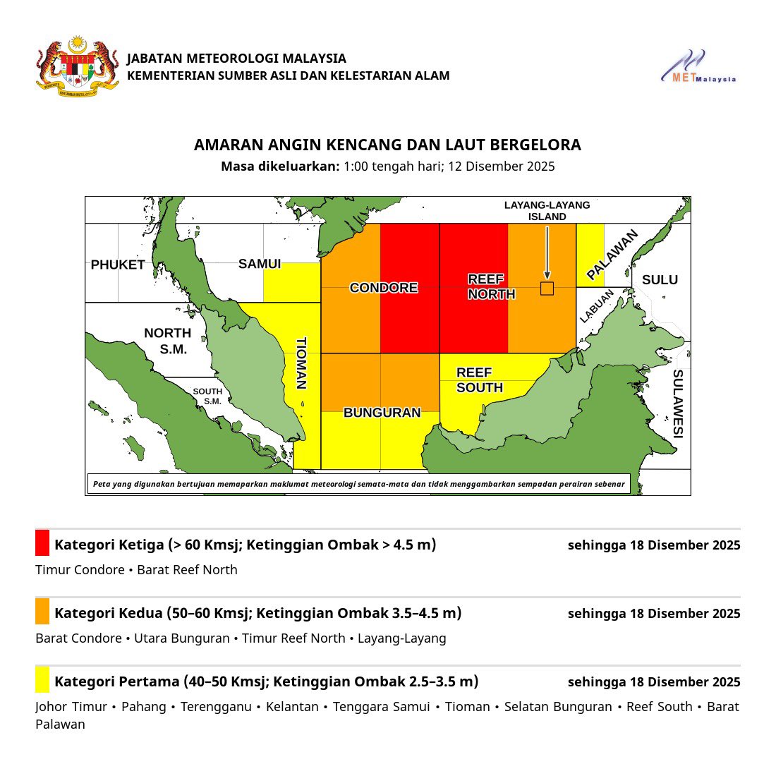 Attenzione!! Luruan monsun is here and the continuous heavy rain warning has just been updated to SEVERE level in Kelantan, Terengganu, Pahang and Johor until 18 Dec 2025.

According to MetMalaysia, this evening wet weather is expected all across Semenanjung. Stay safe &amp; tc!! ⛈️