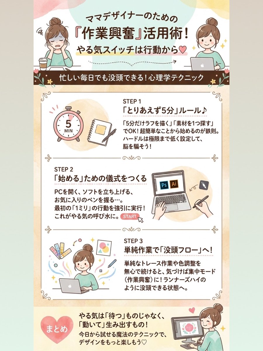\たった5分の行動で、やる気出ない〜におさらば！✨/

仕事や家のことに追われながら頑張ってるママデザイナーさん、やる気が出ない日は「5分だけの軽い作業」から始めると意外と進みますよ〜！☺️

人って、動き出すと脳がやる気モードに切り替わるらしくて、これを「作業興奮」と呼ぶそうです🧠✨

𓐄