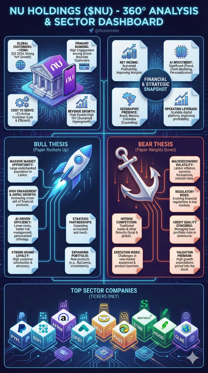 RoninIntel's tweet image. Okay, #FinTwit, it’s time to pick a side on Nu Holdings $NU. 🥊
Are we strapping into the "paper rocket" for liftoff, or are these "paper weights" too heavy to ignore? 🚀💥⚓️
This LatAm fintech giant is a fascinating battleground of massive growth vs. macro risks. Here is the…