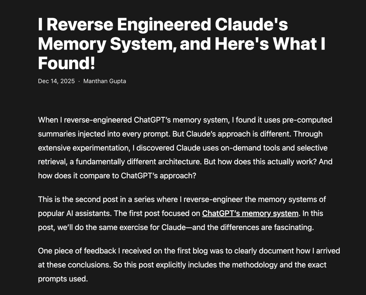 I spent the last few days prompting Claude to understand how its memory system actually works, and it's completely different than ChatGPT's approach

Spoiler alert: There is no vector database used

manthanguptaa.in/posts/claude_m…