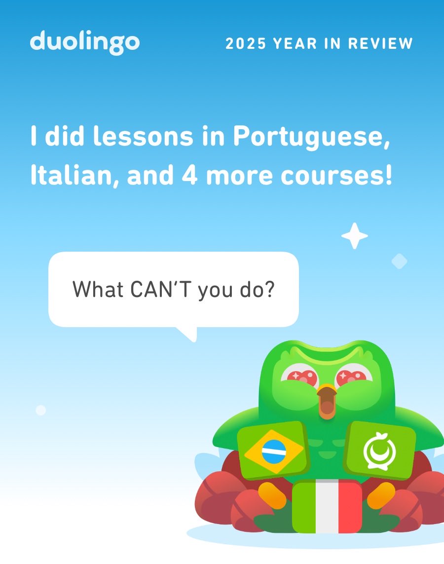 AdamsSharnette's tweet photo. Look how much I learned on Duolingo in 2025! How did you do? #Duolingo365 https://t.co/tnB0UZmKOb