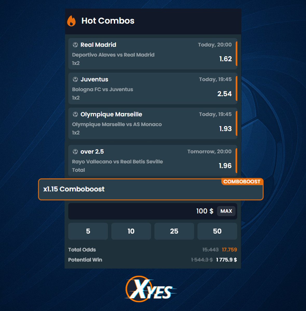 Xyes_com's tweet photo. Parlay’s locked with an x1.15 Comboboost ⚽️

Hot matches, boosted odds — would you take this combo? 👀 https://t.co/dQUzXi667t