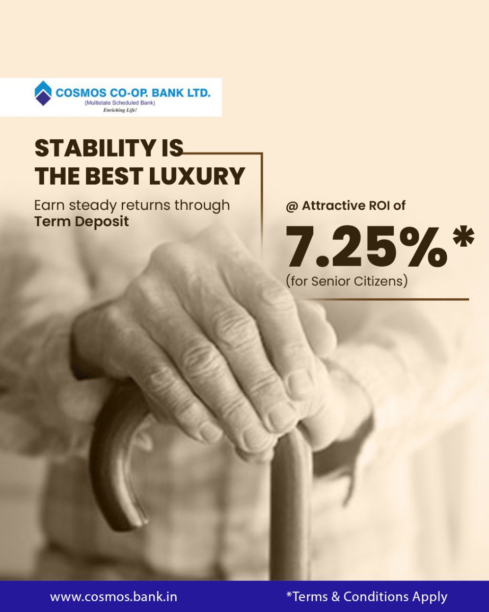 Cosmospune's tweet image. Your golden years deserve comfort, dignity, and the financial readiness to meet daily needs and unexpected expenses. Grow your life's savings with our Term Deposit at an attractive ROI of 7.25%* (for Senior Citizens). 

For more details, visit your nearest branch.

#loanservices