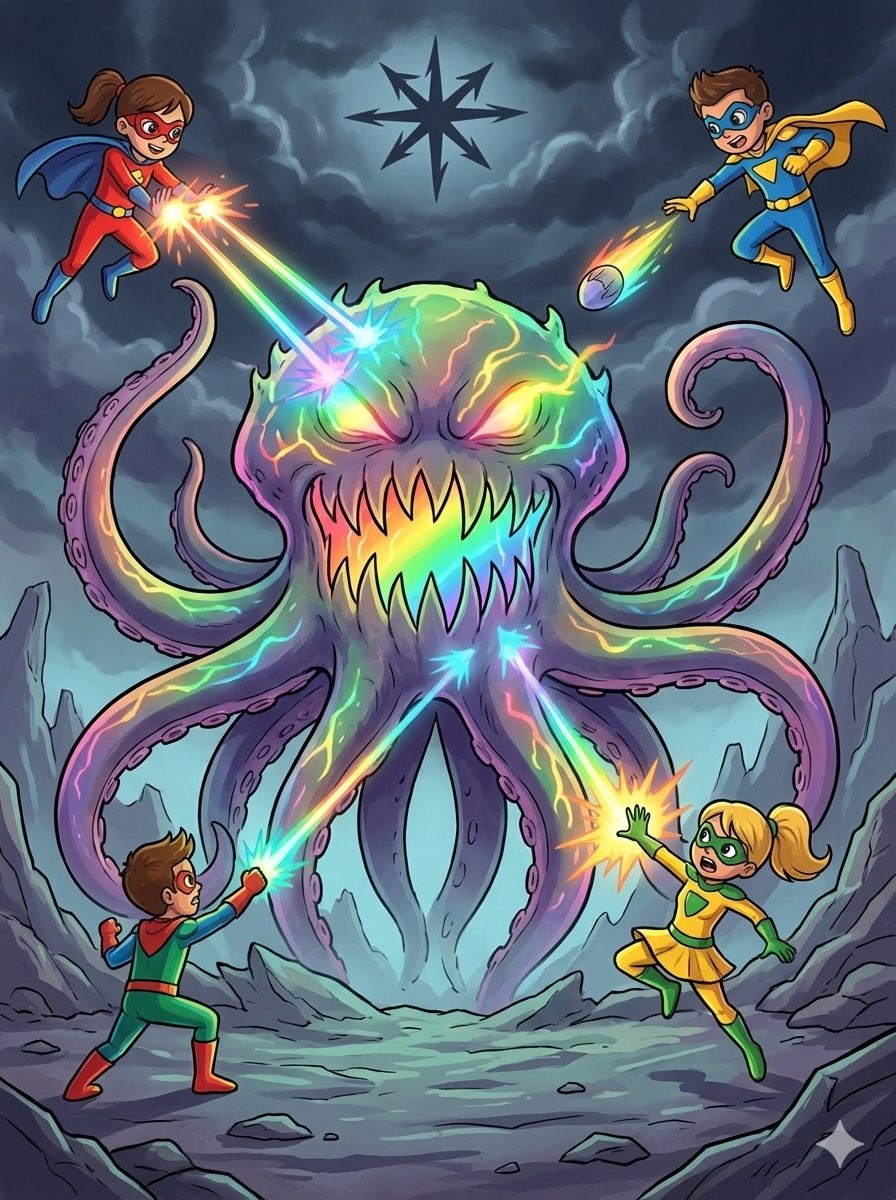 So Gemini nano banana pro can turn kid’s drawings into an actual master piece 😂

As per my kid, he and his brothers and sisters are fighting a monster